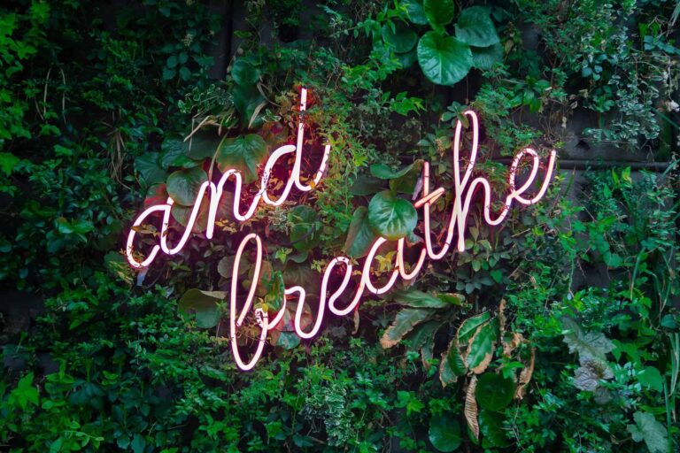 And breathe neon sign on a lush green plant wall. Wellness and relaxation concept.